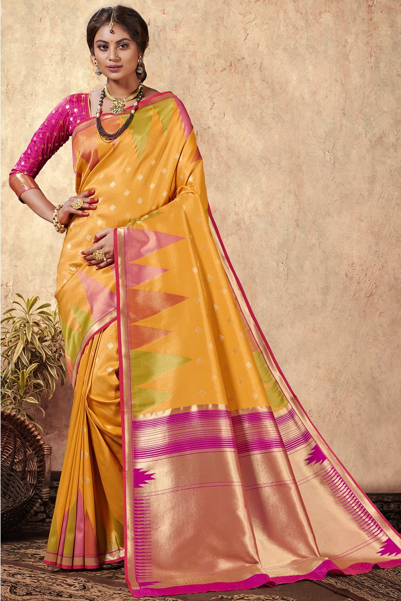 Weaving Work Puja Wear Designer Saree In Mustard Color Tissue Silk Fabric