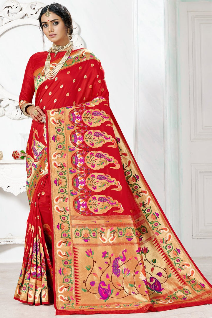 Paithani Silk Red Color Weaving Work Saree For Festival