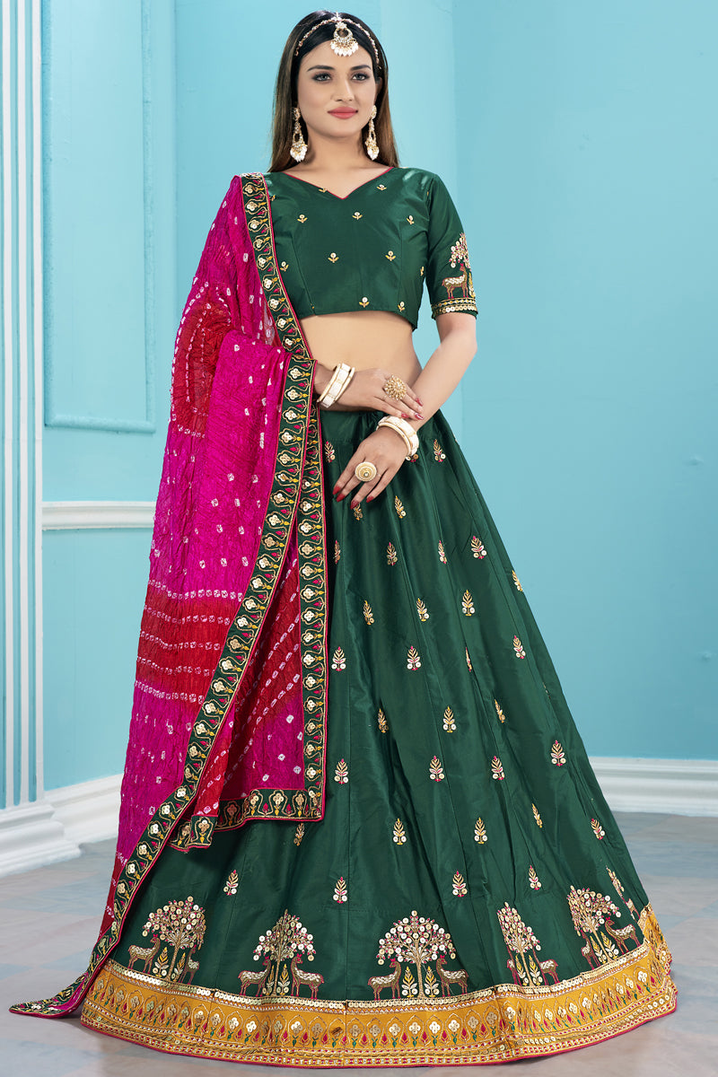 Dark Green Color Sangeet Wear Stunning Lehenga Choli With Beautiful Contrast Dupatta