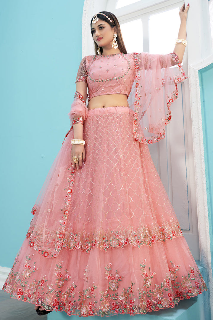 Pink Color Sangeet Wear Designer Embroidered Work Lehenga In Net Fabric