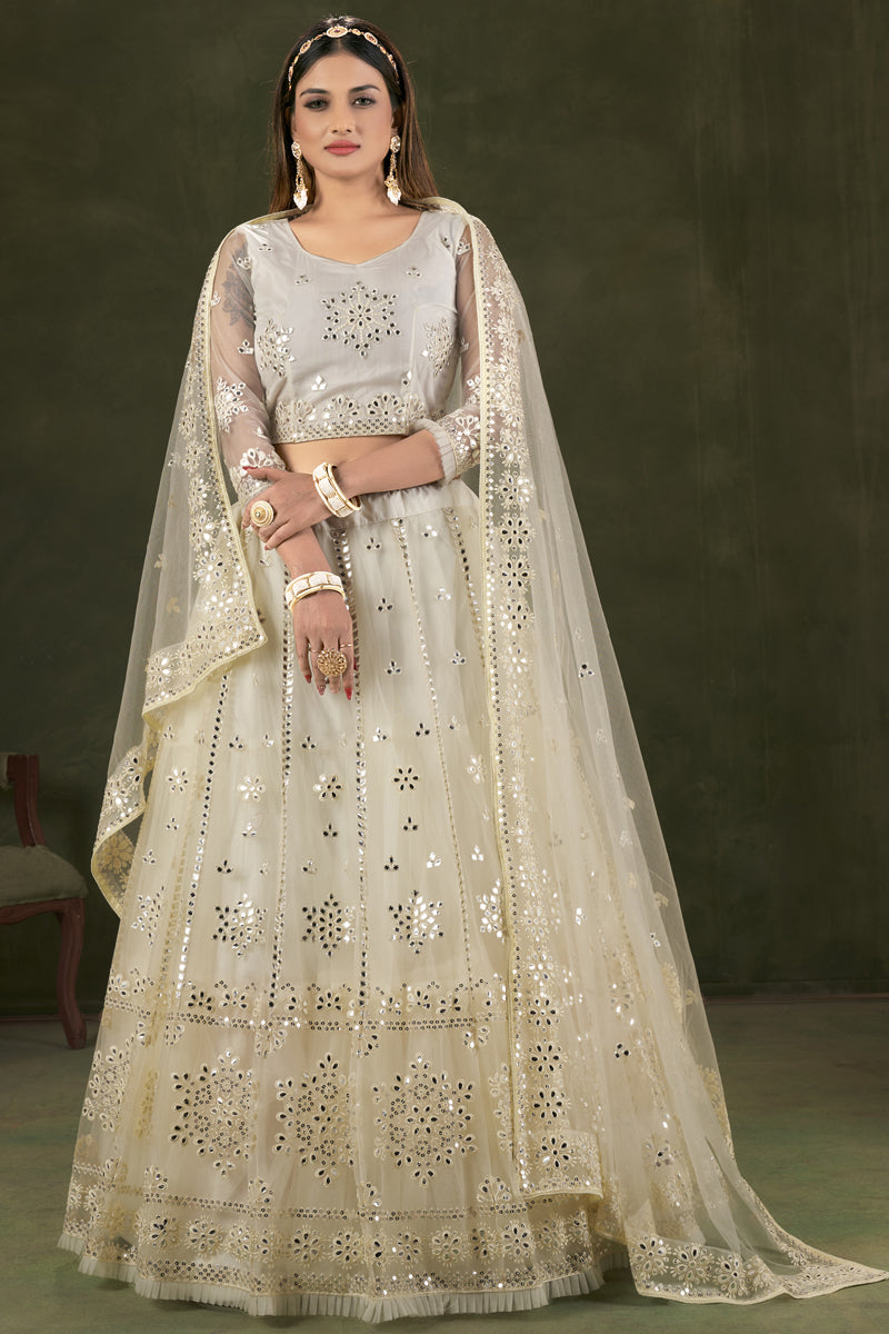 Sangeet Wear Fantastic Embroidered Work Beige Color Designer Lehenga In Net Fabric