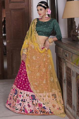 Organza Fabric Attractive Pink Color Function Wear Lehenga With Weaving Work