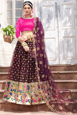 Load image into Gallery viewer, Brown Color Dazzling Organza Fabric Function Wear Lehenga With Weaving Work
