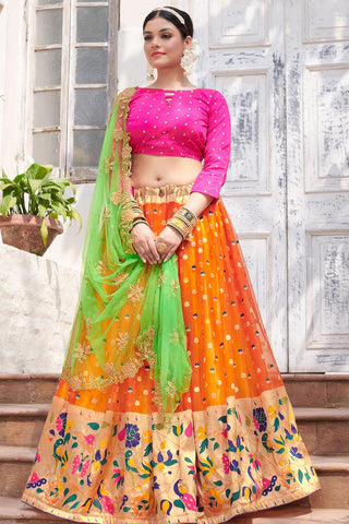 Magnificent Orange Color Organza Fabric Function Wear Weaving Work Lehenga