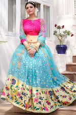 Load image into Gallery viewer, Organza Fabric Classic Cyan Color Function Wear Lehenga With Weaving Work
