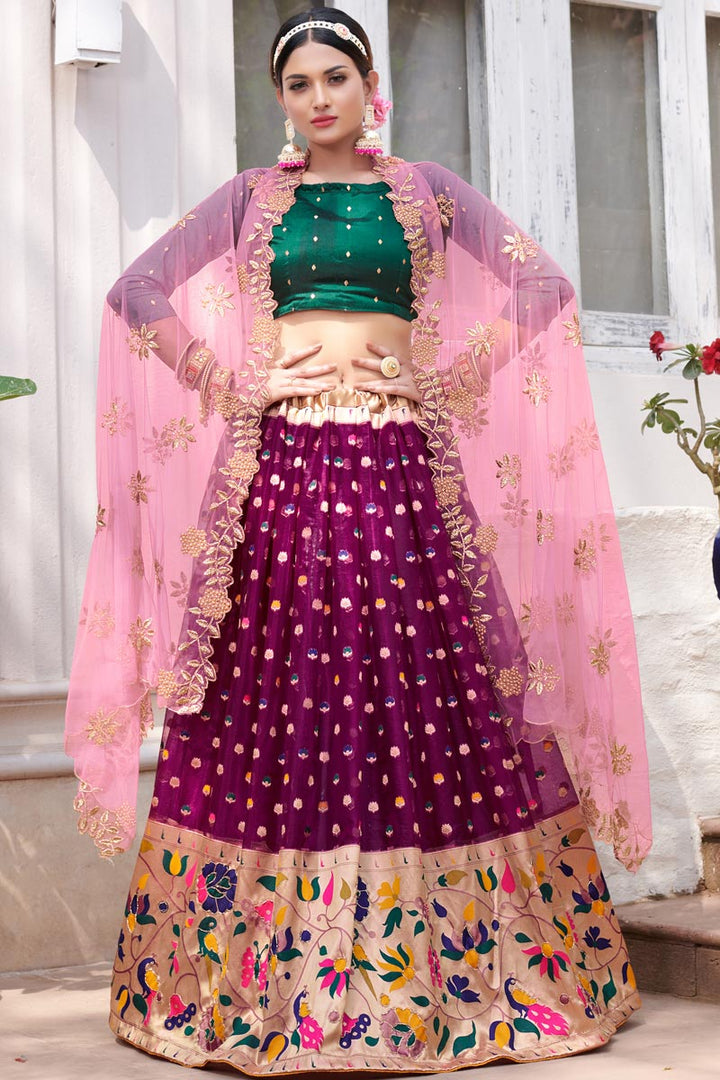 Elegant Purple Color Organza Fabric Function Wear Lehenga With Weaving Work