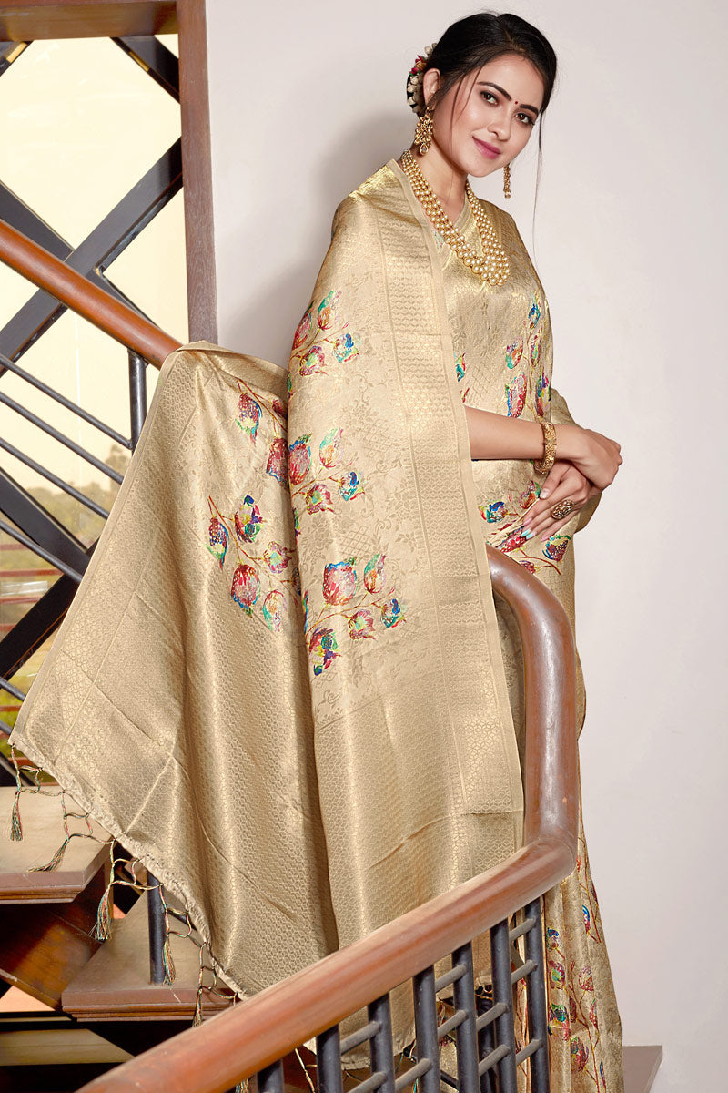 Beige Color Mesmeric Digital Printed Work Function Wear Saree In Art Silk Fabric