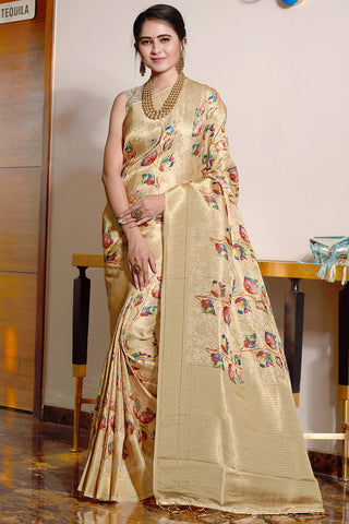 Beige Color Mesmeric Digital Printed Work Function Wear Saree In Art Silk Fabric