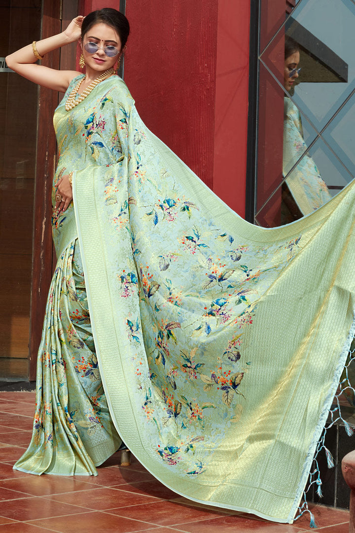 Astonishing Art Silk Fabric Sea Green Color Function Wear Saree With Digital Printed Designs
