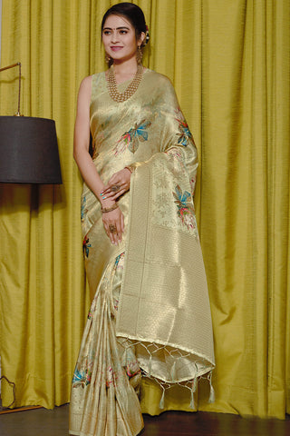 Tempting Digital Printed Work On Off White Color Function Wear Saree In Art Silk Fabric