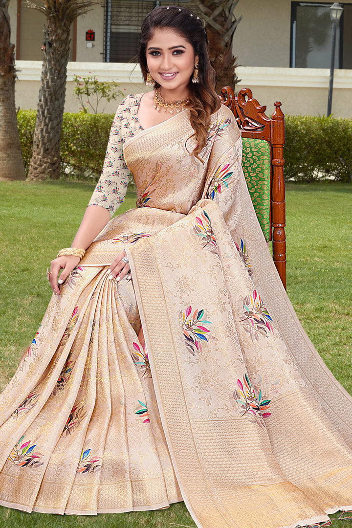 Fabulous Art Silk Fabric Function Wear Saree In Beige Color With Digital Printed Work