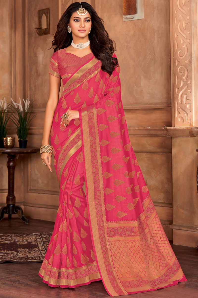 Pink Color Art Silk Fabric Attractive Festival Wear Saree With Weaving Work