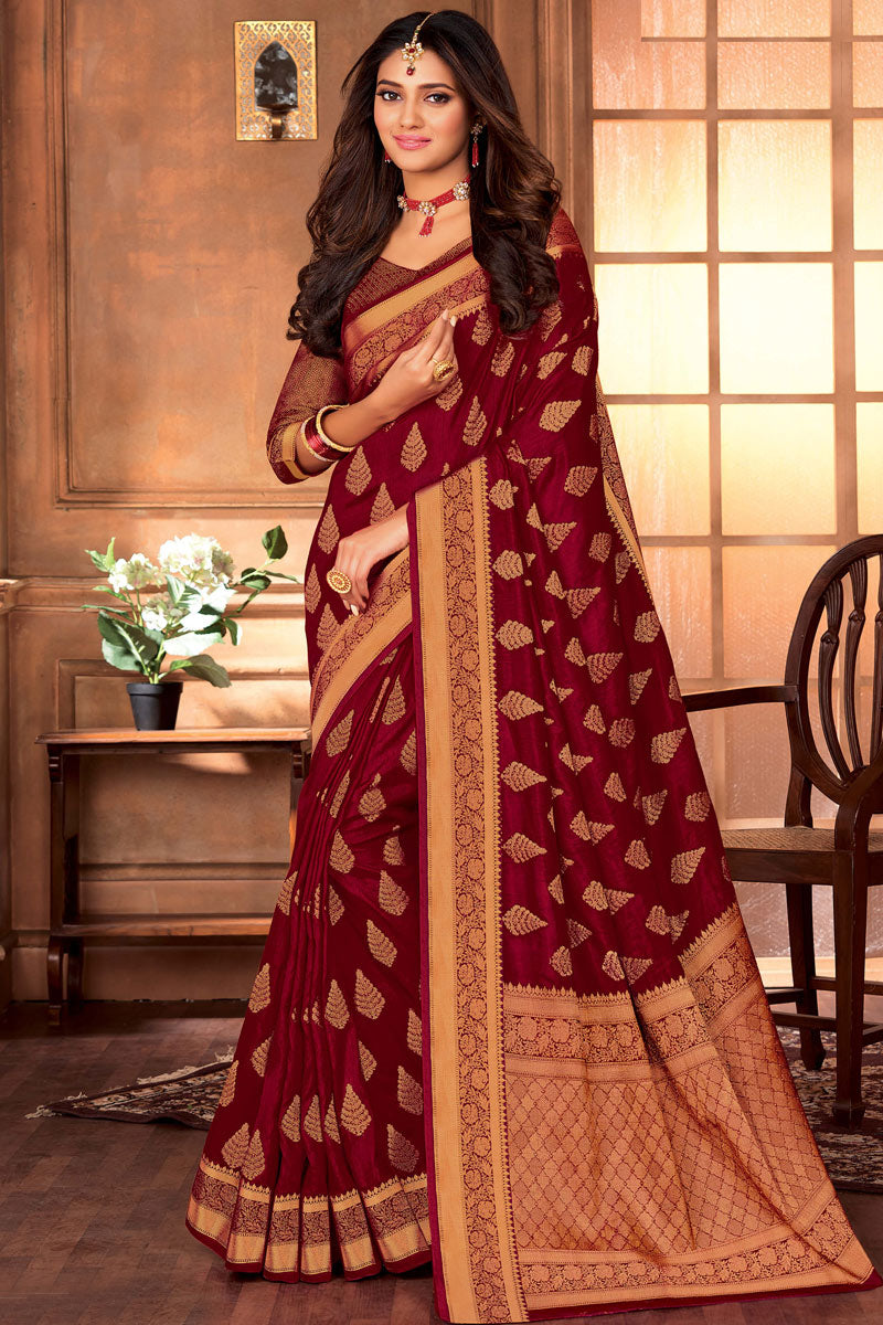 Maroon Color Festival Wear Art Silk Fabric Charming Saree With Weaving Work