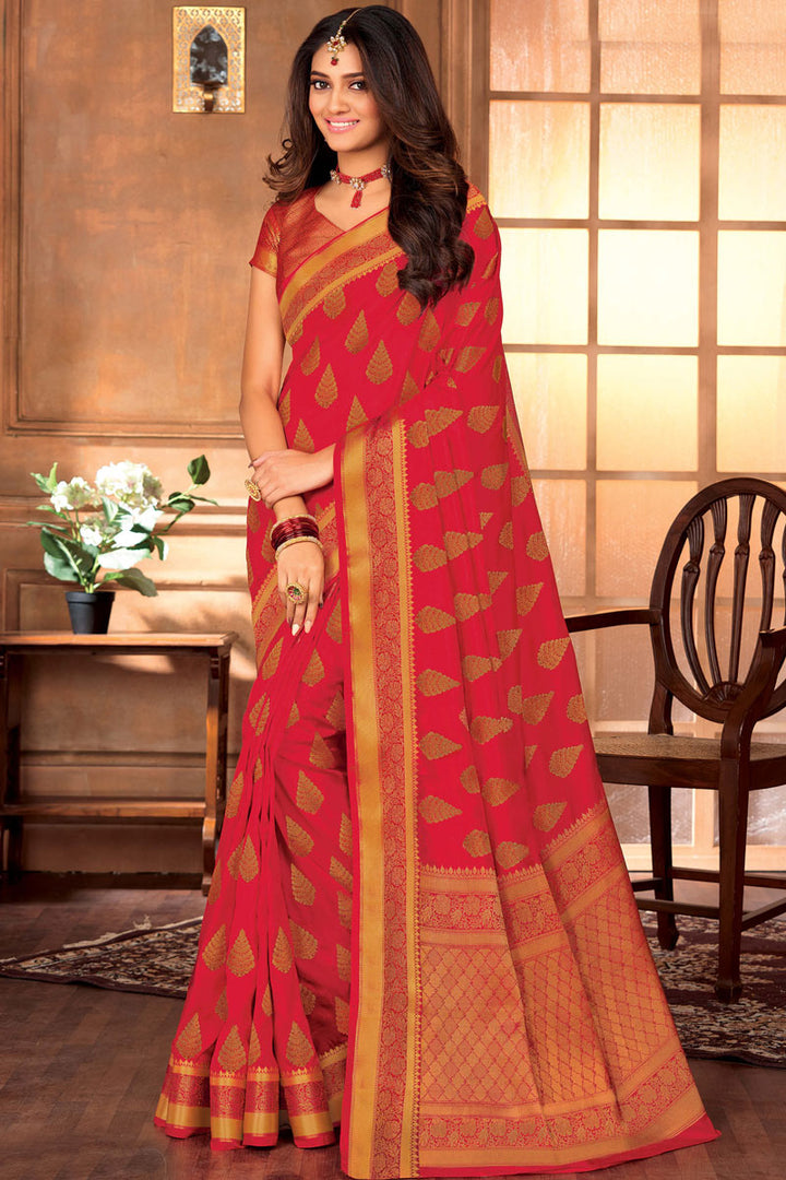 Red Color Art Silk Fabric Alluring Saree With Weaving Work