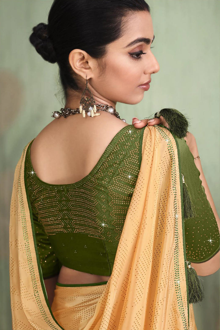Incredible Satin Crepe Beige Color Saree With Contrast Blouse