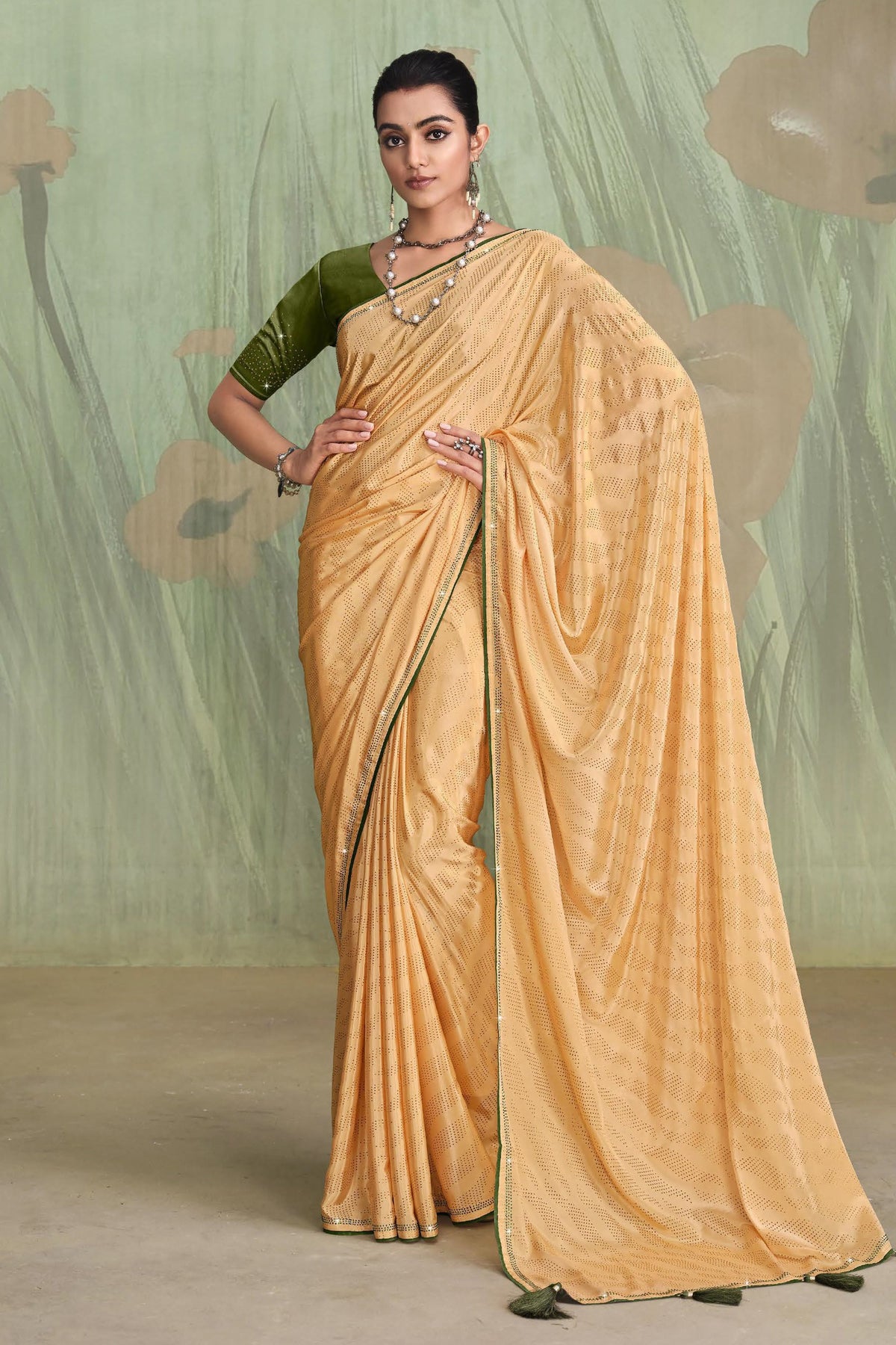 Incredible Satin Crepe Beige Color Saree With Contrast Blouse