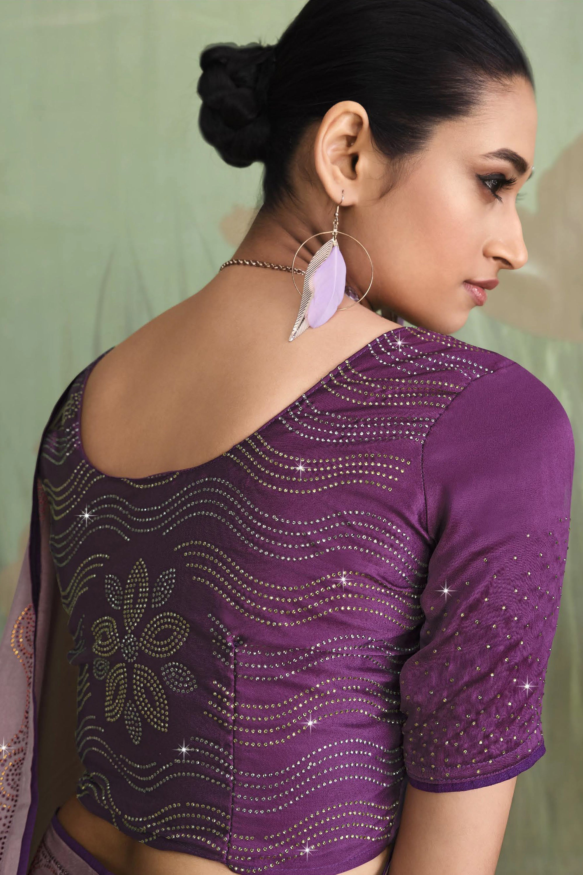 Tempting Satin Crepe Lavender Color Saree With Contrast Blouse