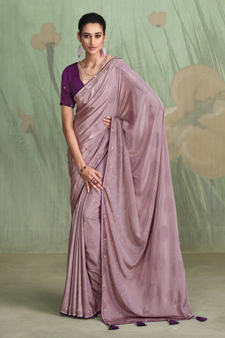 Tempting Satin Crepe Lavender Color Saree With Contrast Blouse