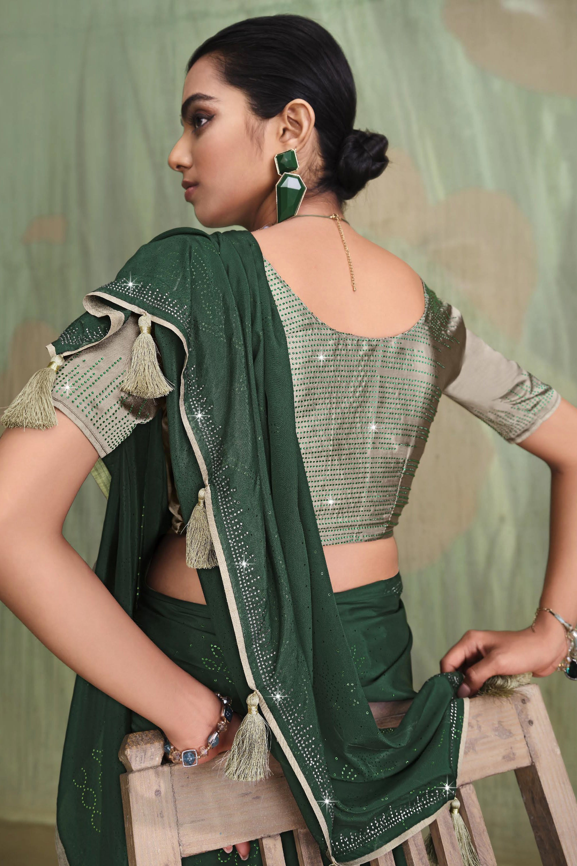 Engaging Green Color Satin Crepe Saree With Contrast Blouse