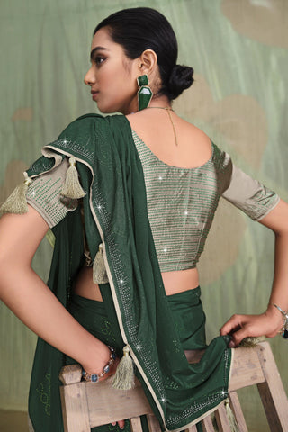 Engaging Green Color Satin Crepe Saree With Contrast Blouse