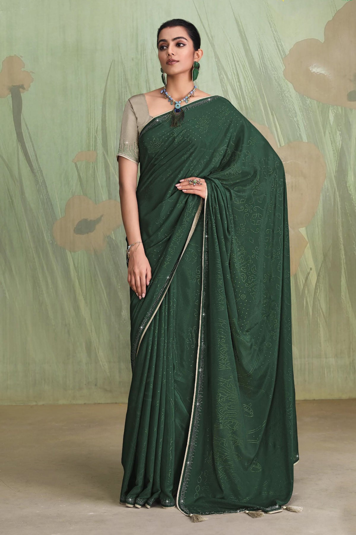 Engaging Green Color Satin Crepe Saree With Contrast Blouse