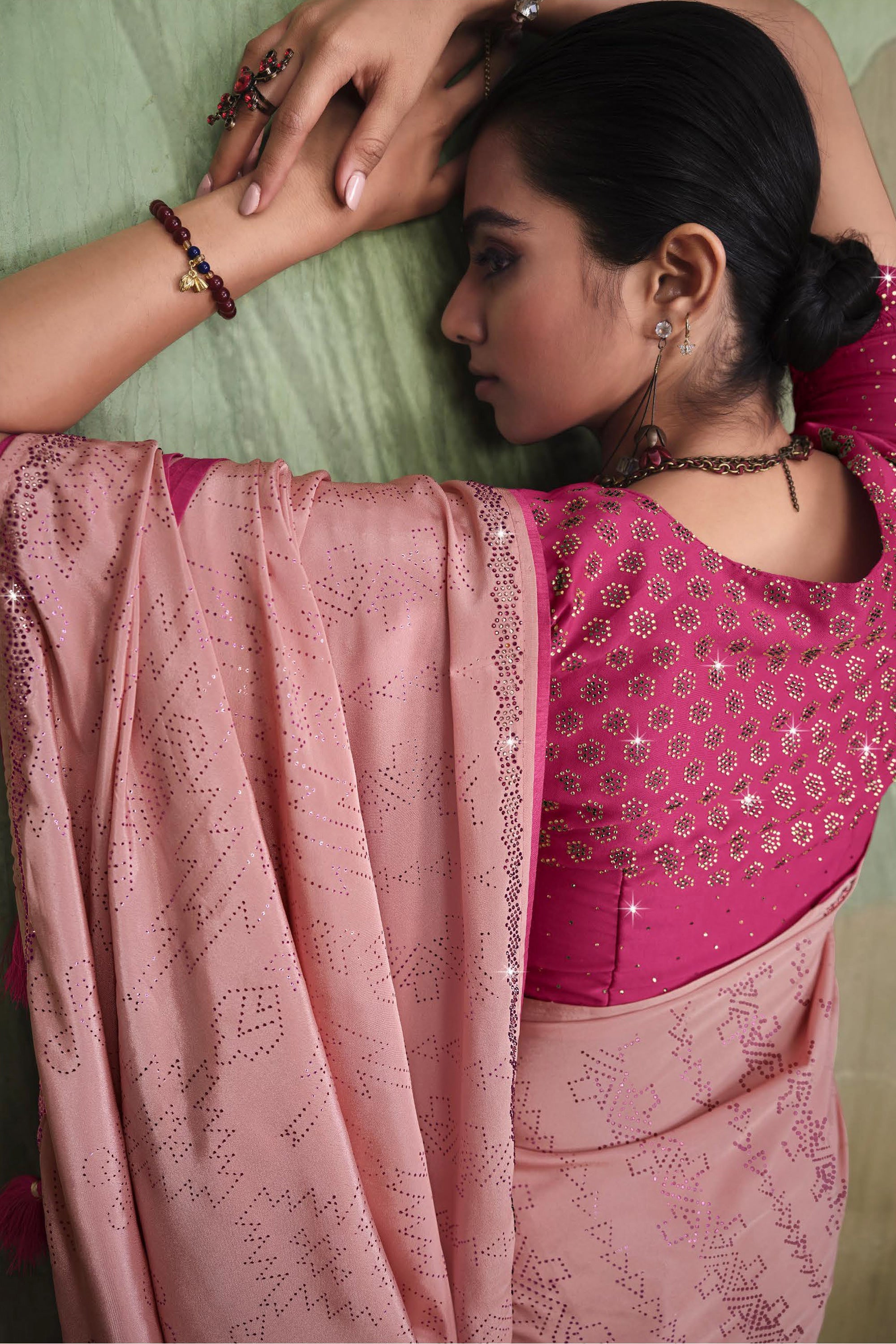 Classic Pink Color Satin Crepe Saree With Contrast Blouse