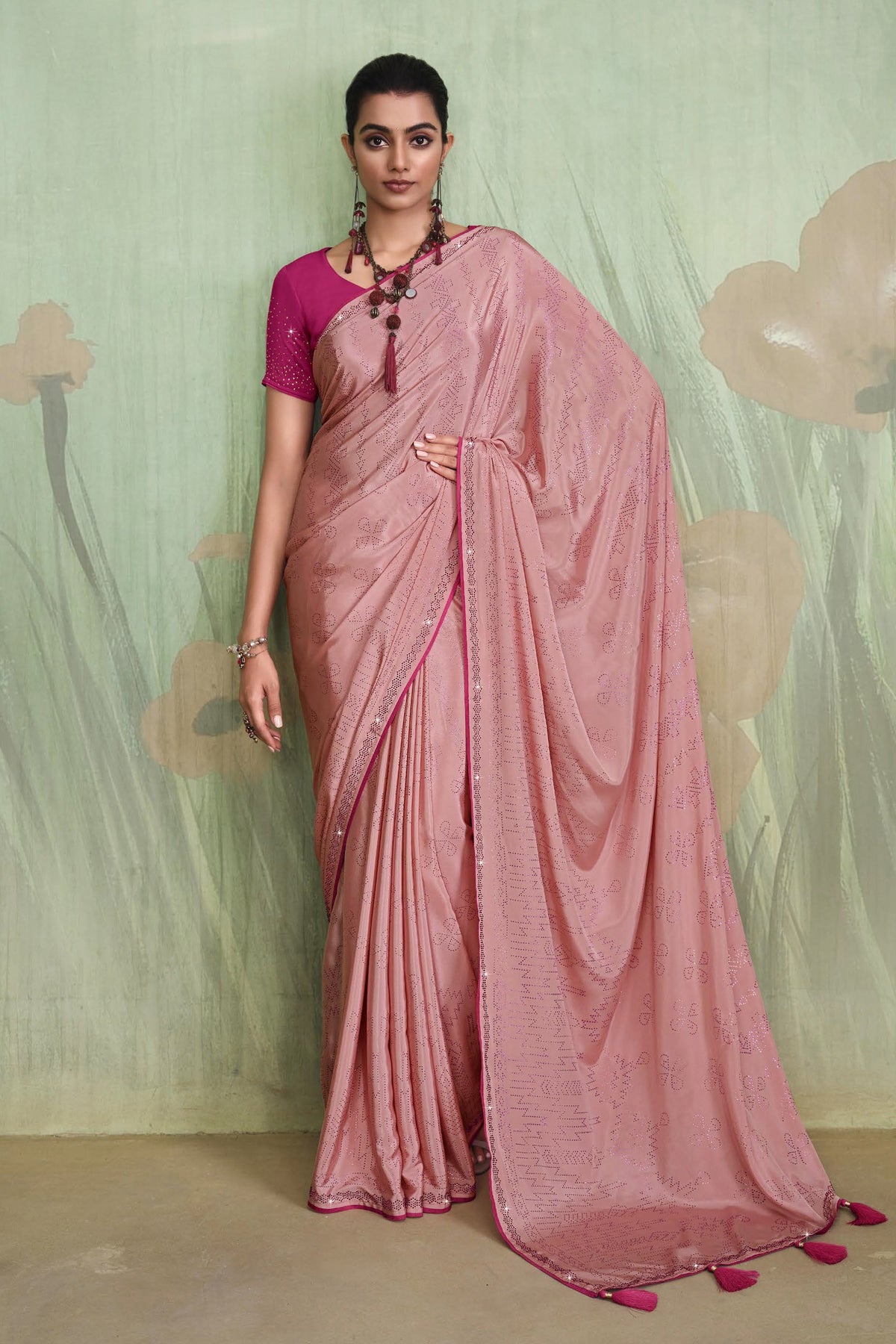 Classic Pink Color Satin Crepe Saree With Contrast Blouse