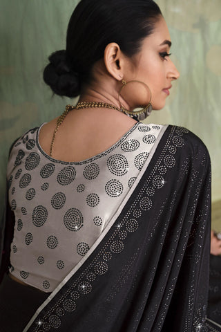 Blazing Black Color Satin Crepe Saree With Contrast Blouse