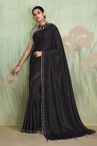 Blazing Black Color Satin Crepe Saree With Contrast Blouse