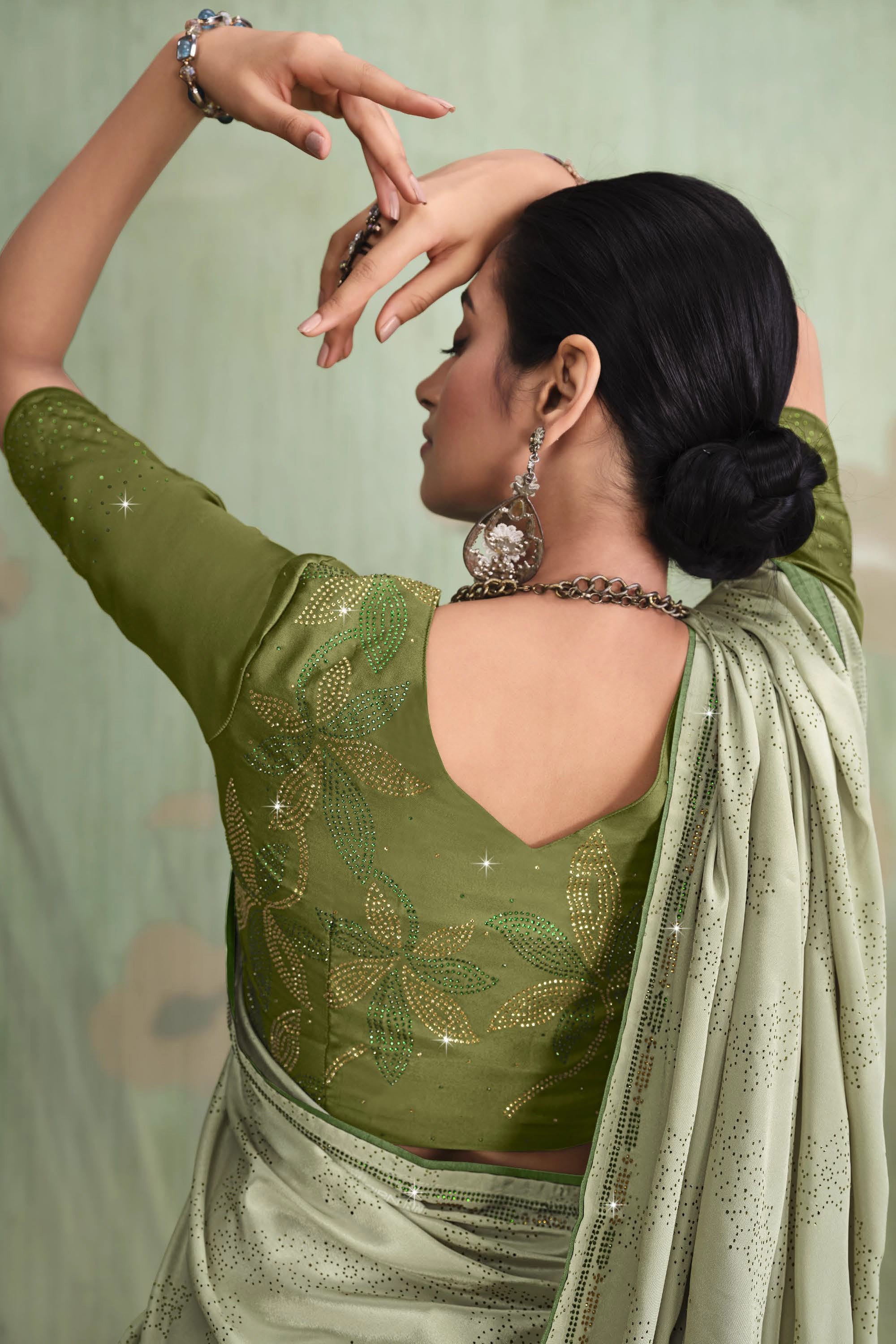 Winsome Sea Green Color Satin Crepe Saree With Contrast Blouse