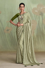 Load image into Gallery viewer, Winsome Sea Green Color Satin Crepe Saree With Contrast Blouse
