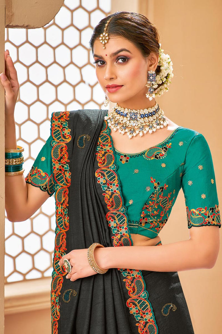 Art Silk Fabric Black Color Intricate Border Work Saree