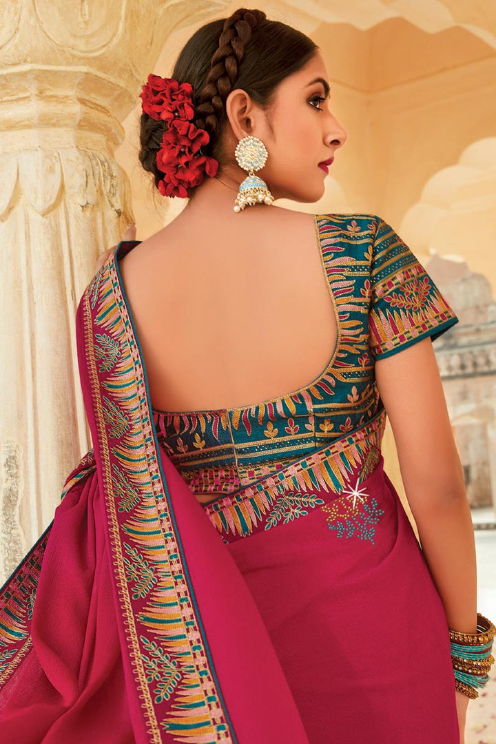 Embroidered Work Rani Color Crepe Fabric Dreamy Saree