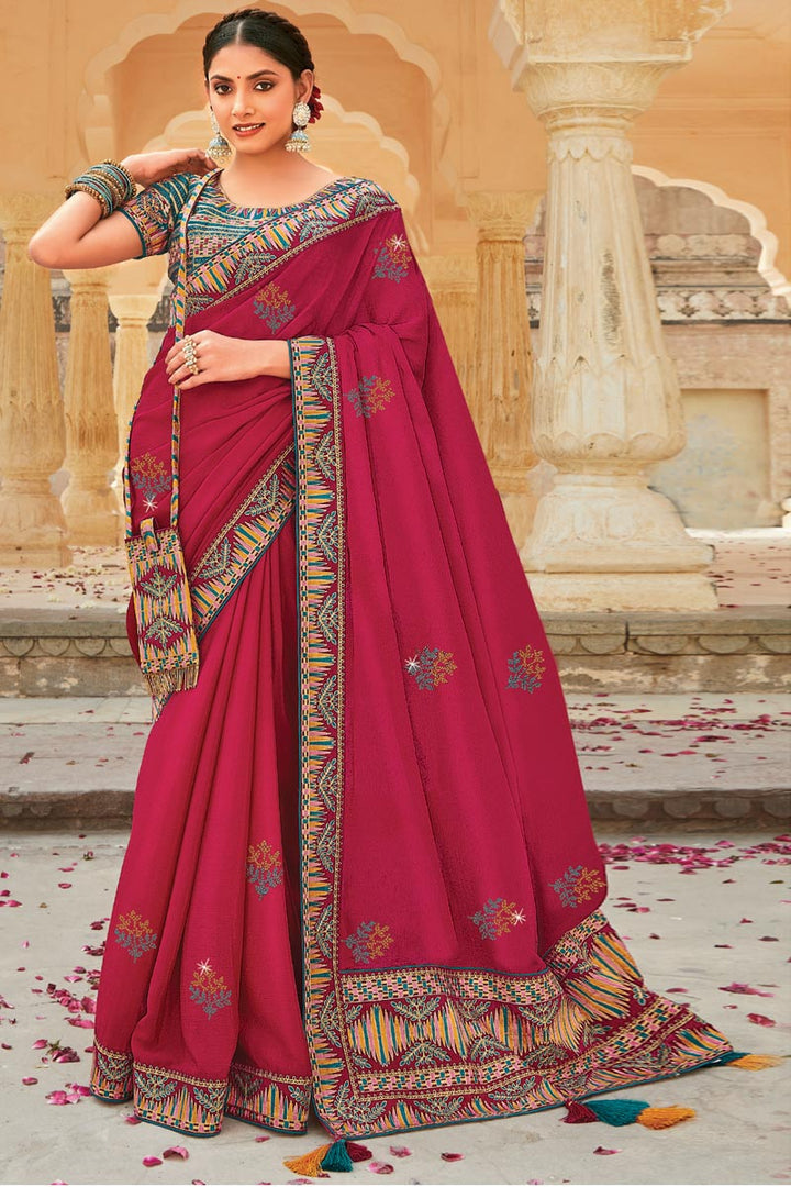Embroidered Work Rani Color Crepe Fabric Dreamy Saree