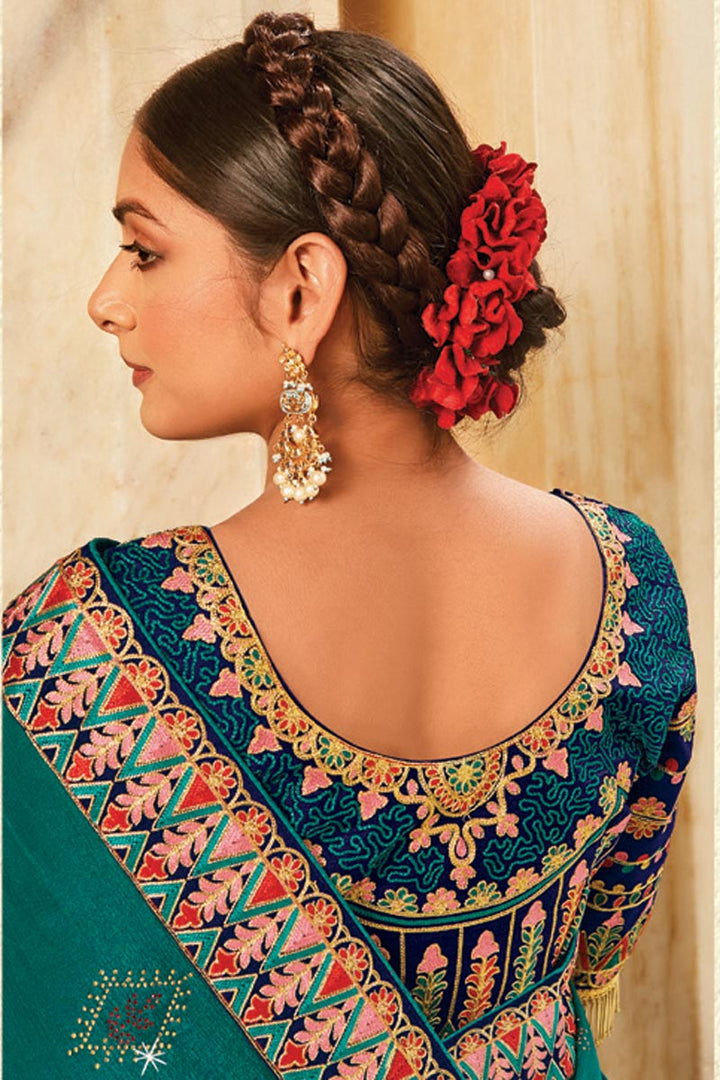 Crepe Fabric Teal Color Embroidered Work Engrossing Saree