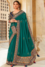 Load image into Gallery viewer, Crepe Fabric Teal Color Embroidered Work Engrossing Saree