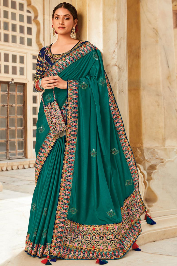 Crepe Fabric Teal Color Embroidered Work Engrossing Saree