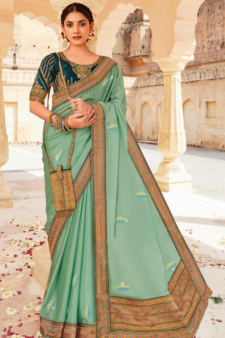 Embroidered Designs On Light Cyan Color Crepe Fabric Remarkable Saree