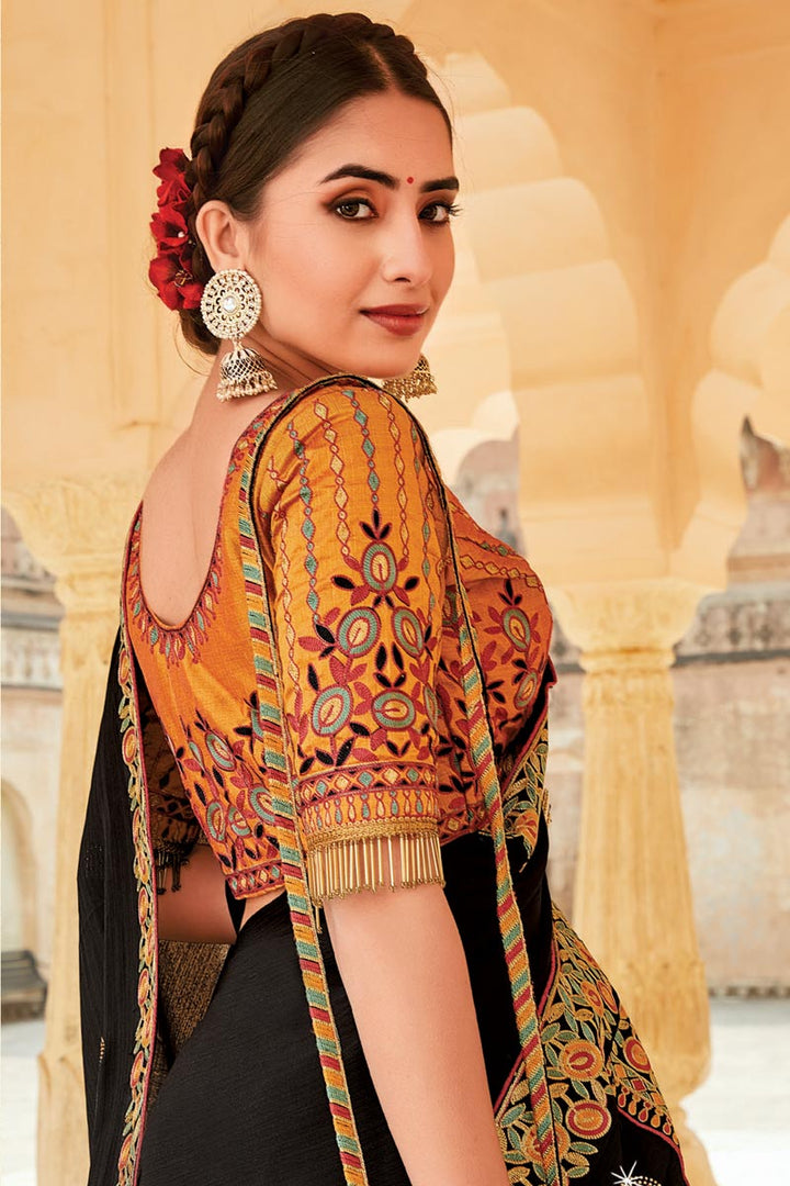 Embroidered Designs On Crepe Fabric Superior Saree In Black Color