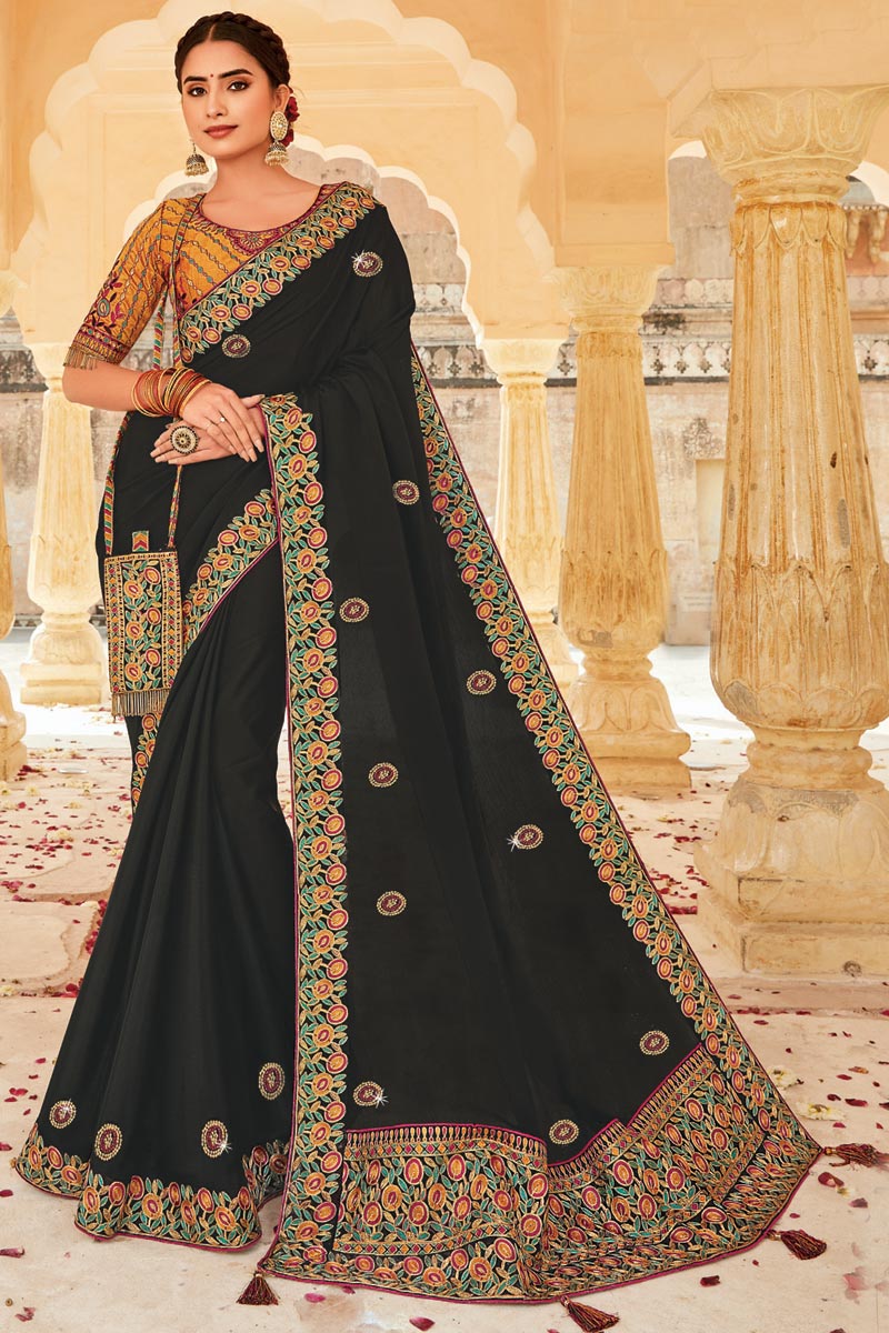 Embroidered Designs On Crepe Fabric Superior Saree In Black Color