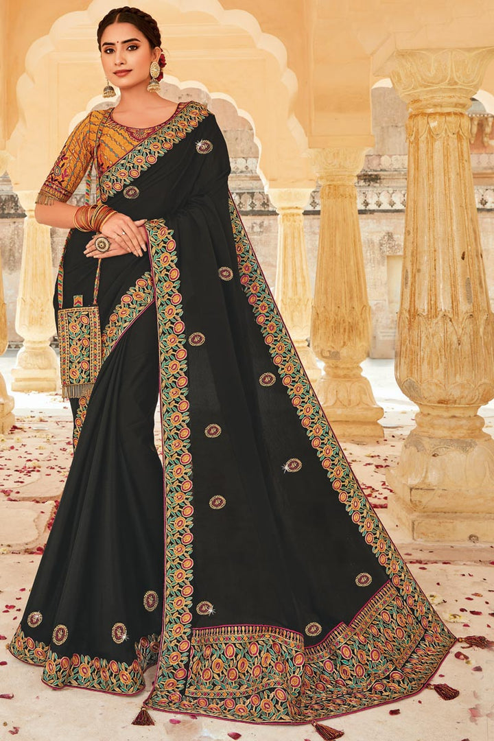 Embroidered Designs On Crepe Fabric Superior Saree In Black Color