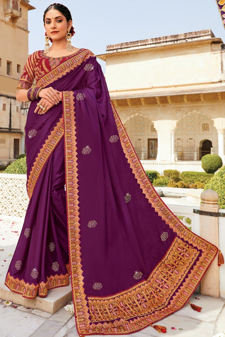 Embroidered Work Purple Color Crepe Fabric Adorming Saree
