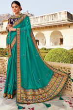 Load image into Gallery viewer, Crepe Fabric Cyan Color Embroidered Winsome Saree