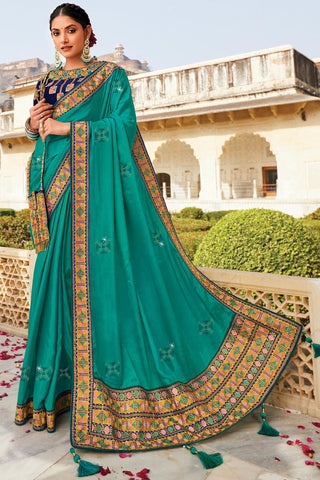 Crepe Fabric Cyan Color Embroidered Winsome Saree