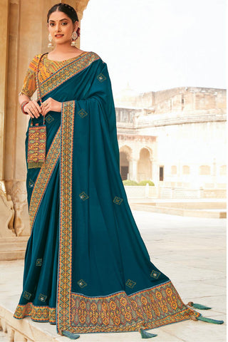 Embroidered Crepe Fabric Lovely Saree In Teal Color