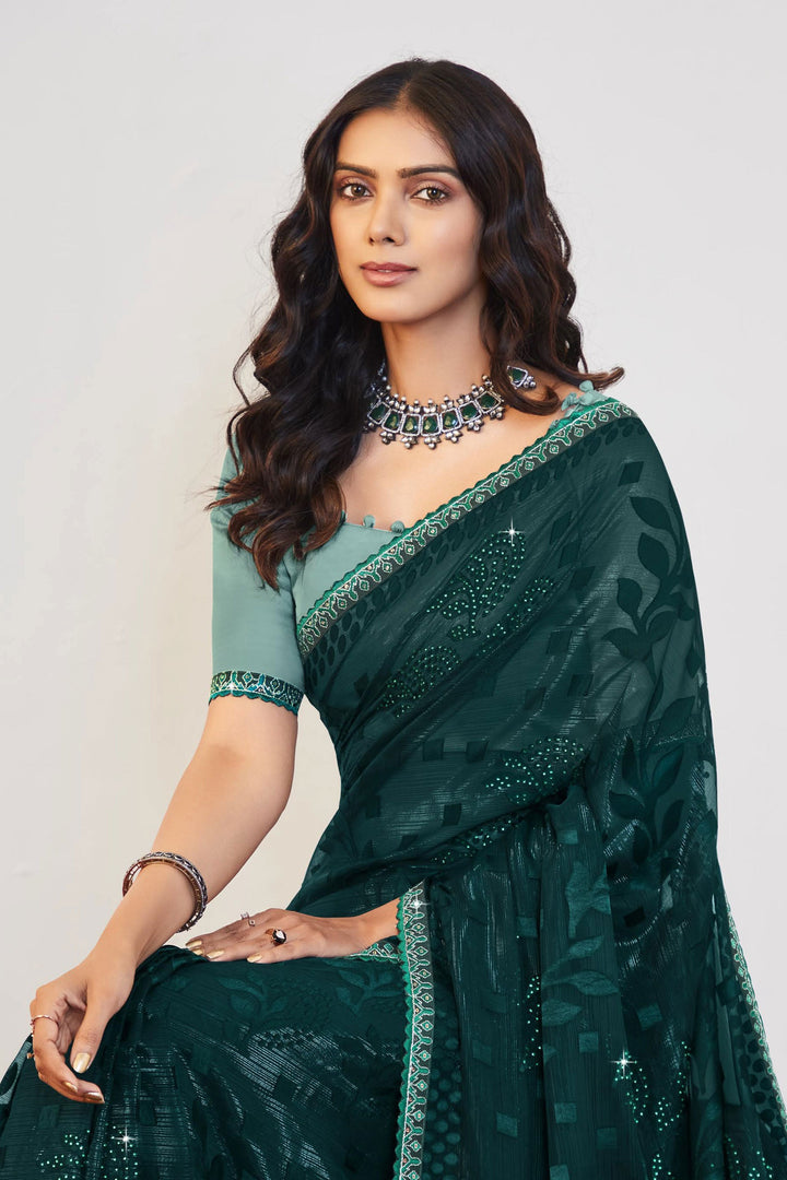 Teal Color Brasso Fabric Beguiling Embroidered And Stone Work Saree