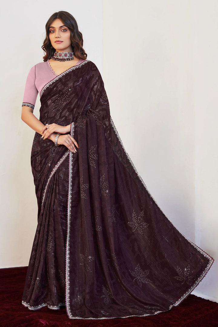Purple Color Embellished Brasso Fabric Embroidered And Stone Work Saree