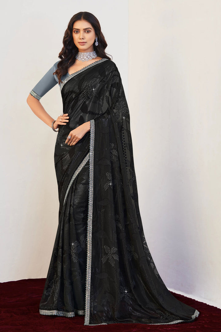 Tempting Black Color Brasso Fabric Embroidered And Stone Work Saree