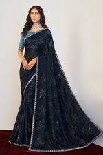 Load image into Gallery viewer, Navy Blue Color Wonderful Embroidered And Stone Work Saree In Brasso Fabric
