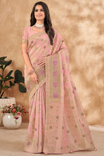 Load image into Gallery viewer, Foil Printed Work On Captivating Kora Silk Fabric Saree In Pink Color
